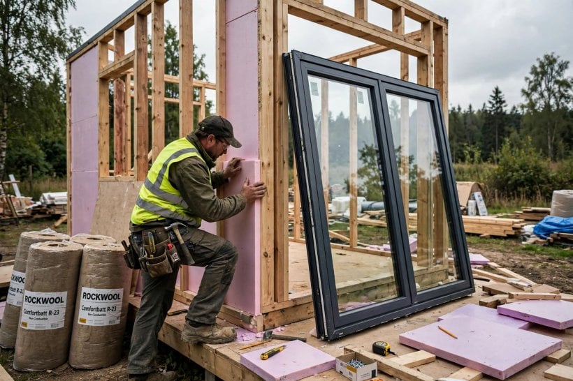 how to calculate the weight of a tiny house: insulation boards and a large window fitted into a wall frame