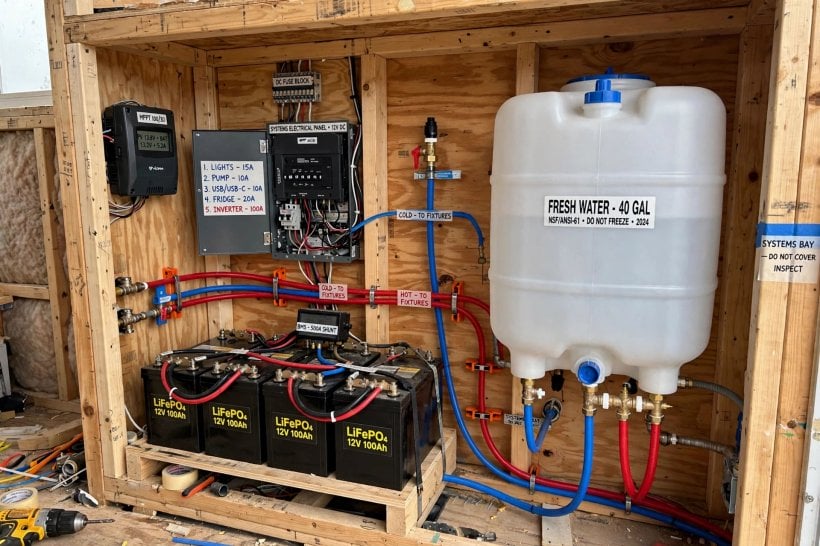 how to calculate the weight of a tiny house: water tank, PEX lines and battery bank in the systems bay