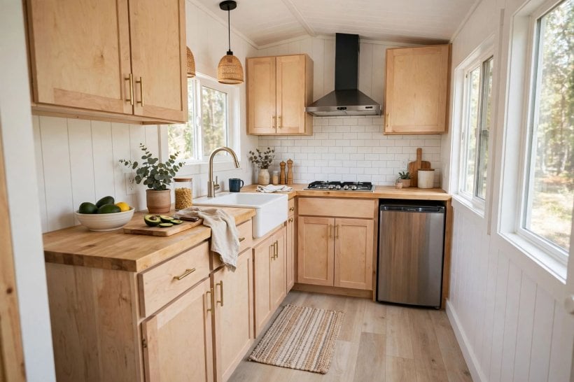 how to calculate the weight of a tiny house: light cabinets, butcher block and vinyl plank inside a finished kitchen