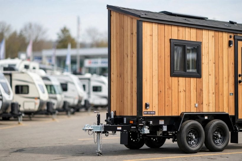 how to finance a tiny house: a certified tiny house on wheels at a dealer lot, the kind of build RV lenders finance