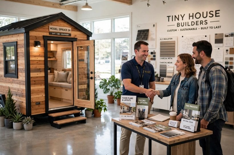 how to finance a tiny house: buyers reviewing a builder's in-house financing offer inside a tiny house showroom