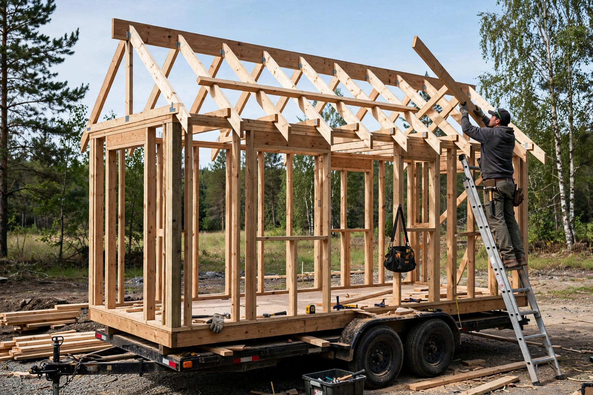 how to frame a tiny house on a trailer: rafters being set onto the ridge beam above the framed walls