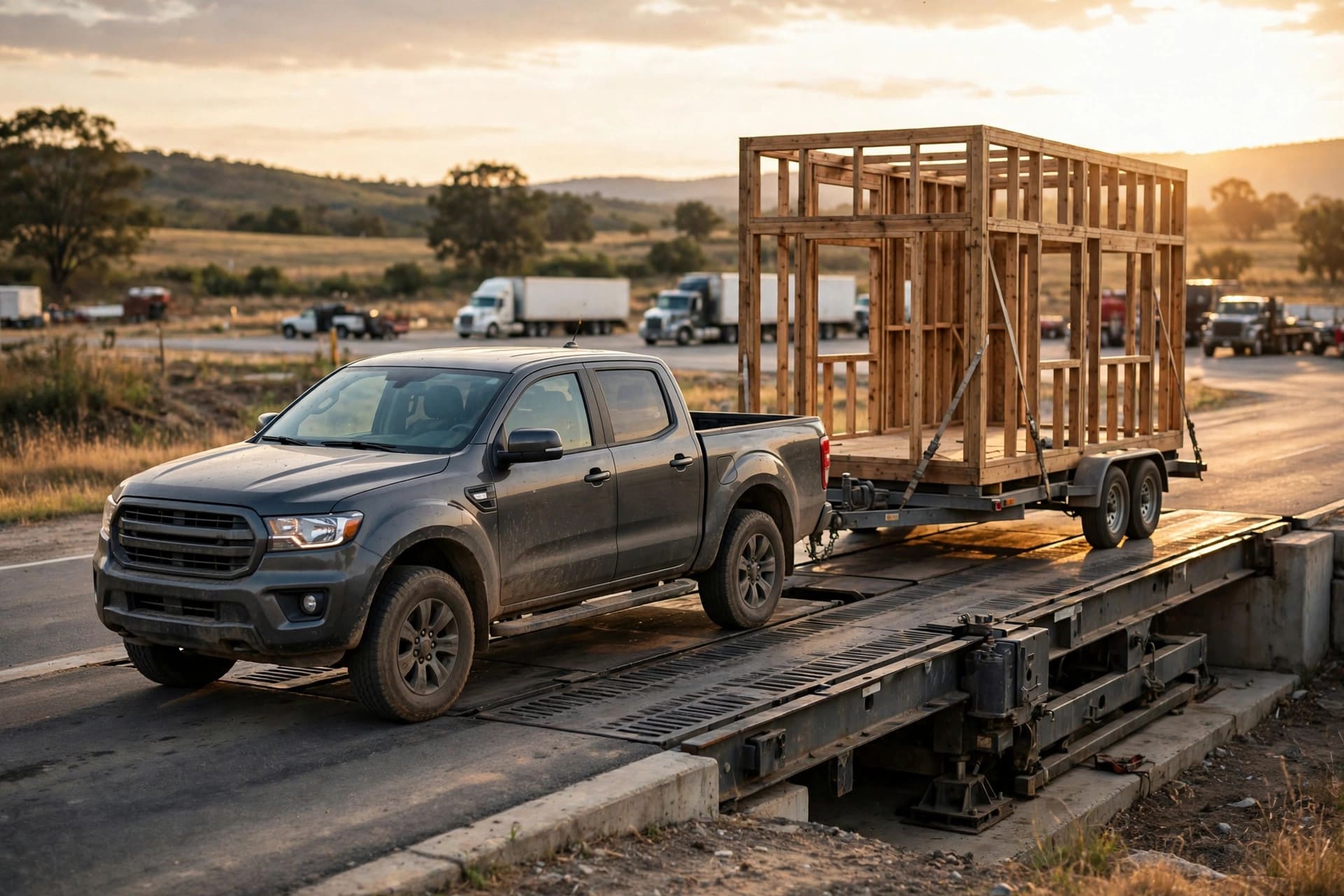 how to frame a tiny house on a trailer: the framed house on its trailer crossing a truck weighbridge scale