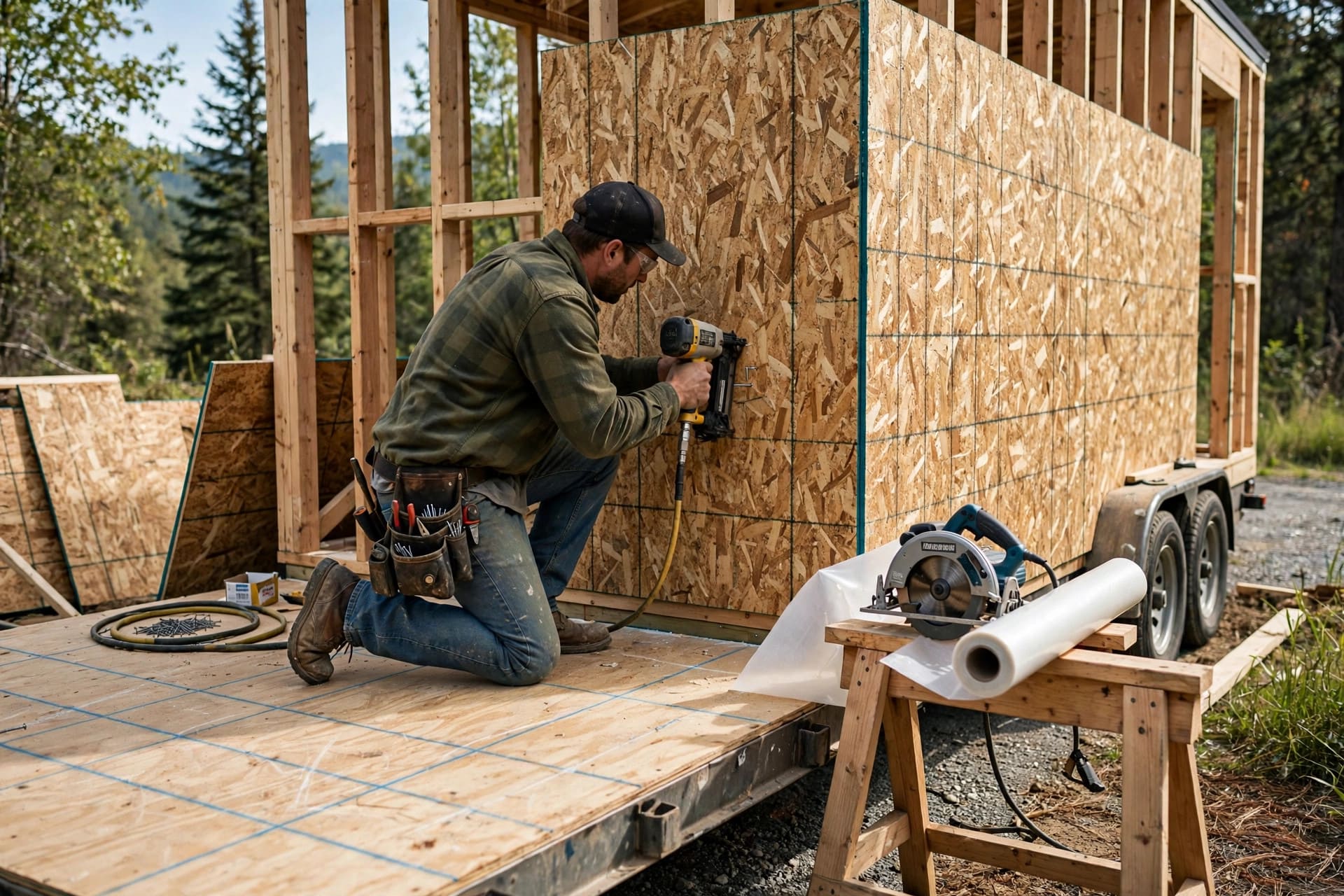 how to frame a tiny house on a trailer: OSB sheathing being nailed to the framed wall, housewrap ready beside it