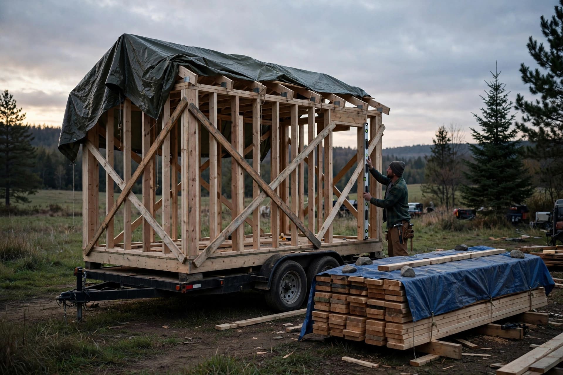 how to frame a tiny house on a trailer: diagonal bracing, a tarped roof frame and stickered lumber kept dry
