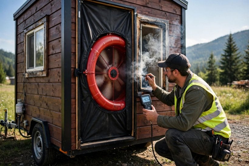 how to heat a tiny house: a blower-door test fan sealed into a tiny house doorway during a heat loss audit