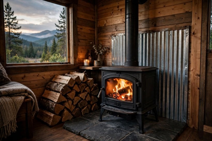how to heat a tiny house: a small wood stove on a hearth pad with a heat shield in a tiny house corner