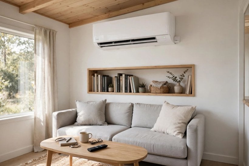 how to heat a tiny house: a ductless mini-split heat pump mounted high on a tiny house wall