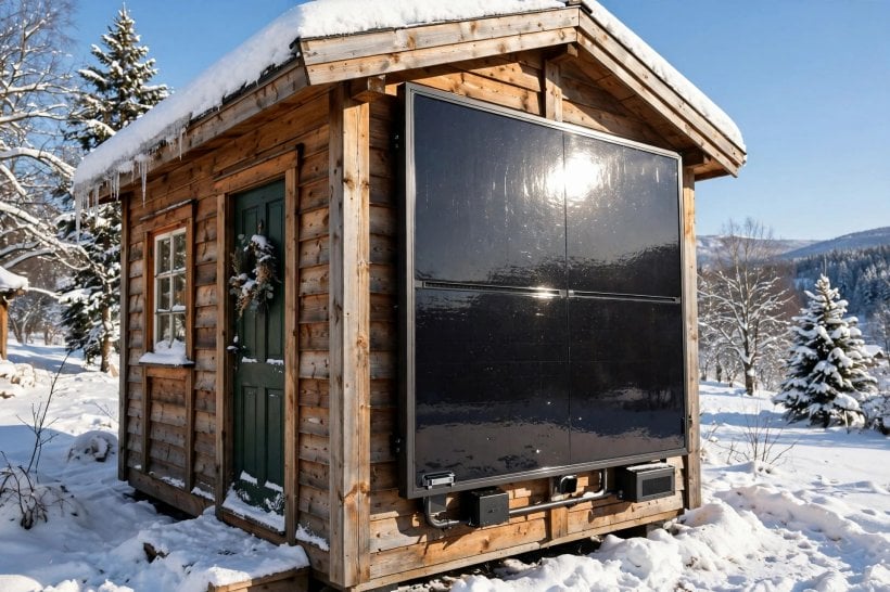 how to heat a tiny house: a solar-air collector panel mounted on the south-facing wall of a tiny house