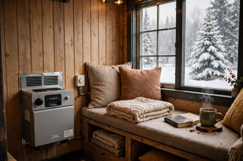 how to heat a tiny house: a propane wall furnace and a window seat in a warm tiny house living space