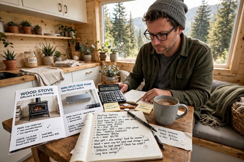 how to heat a tiny house: an owner comparing heater options and fuel costs over a tiny house kitchen table