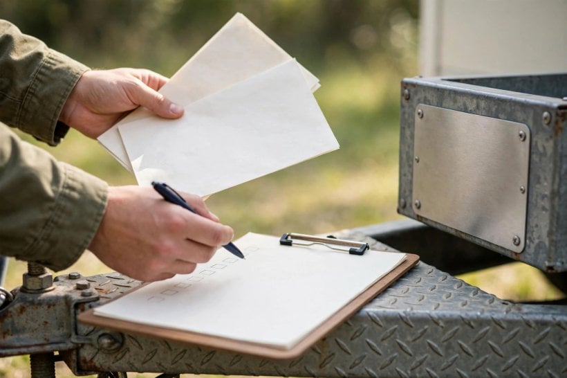 used tiny home inspection: matching the title paperwork to the VIN plate on the trailer tongue