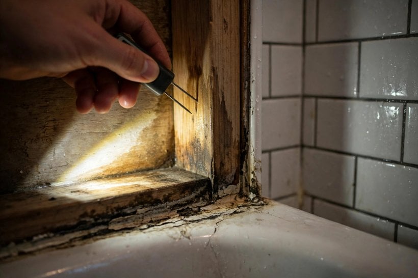 used tiny home inspection: moisture meter pressed to bathroom wall framing beside the shower