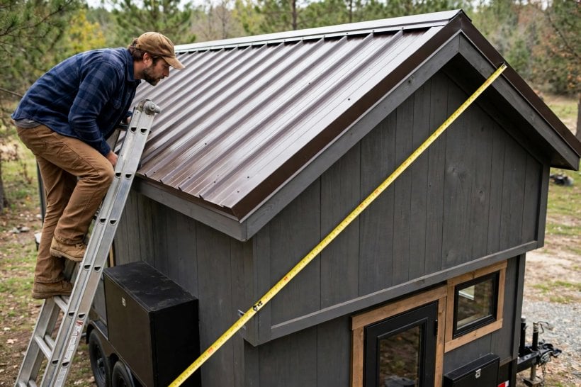 used tiny home inspection: sighting down the roof ridge and measuring the wall diagonal for square