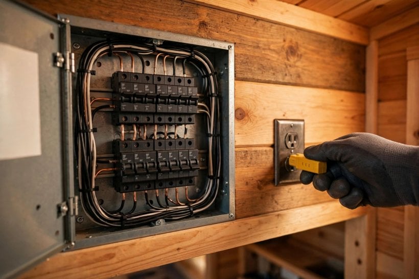 used tiny home inspection: open breaker panel and a receptacle tester checking every outlet