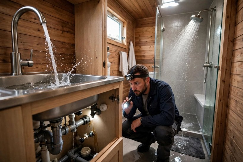 used tiny home inspection: full plumbing pressure test with every fixture running at once