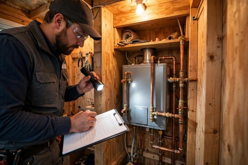 used tiny home inspection: recording the water heater's age from its data plate
