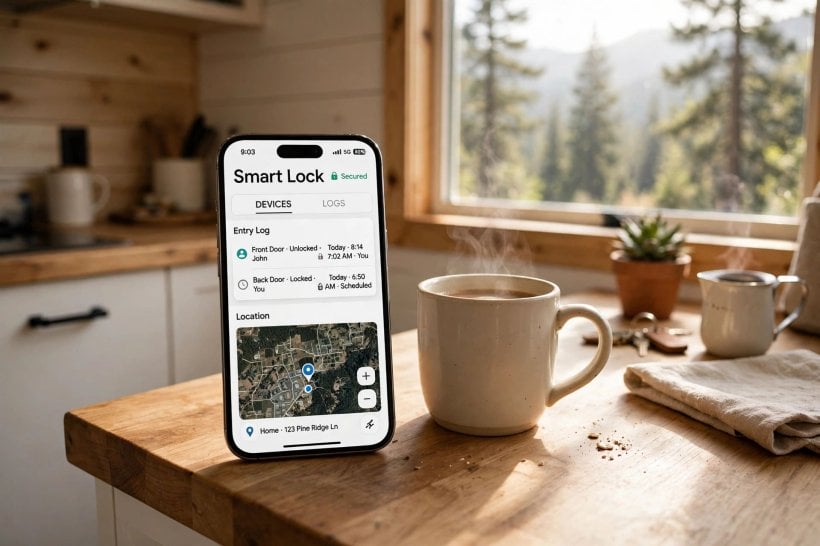 how to keep your tiny house safe: a smartphone showing the smart lock entry log and the house's GPS location