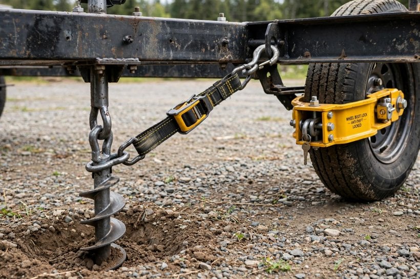 how to keep your tiny house safe: an auger ground anchor strapped to the trailer frame beside a locked wheel boot