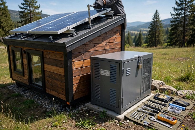 how to keep your tiny house safe: solar panels with security fixings and a locked, ventilated battery enclosure beside the house
