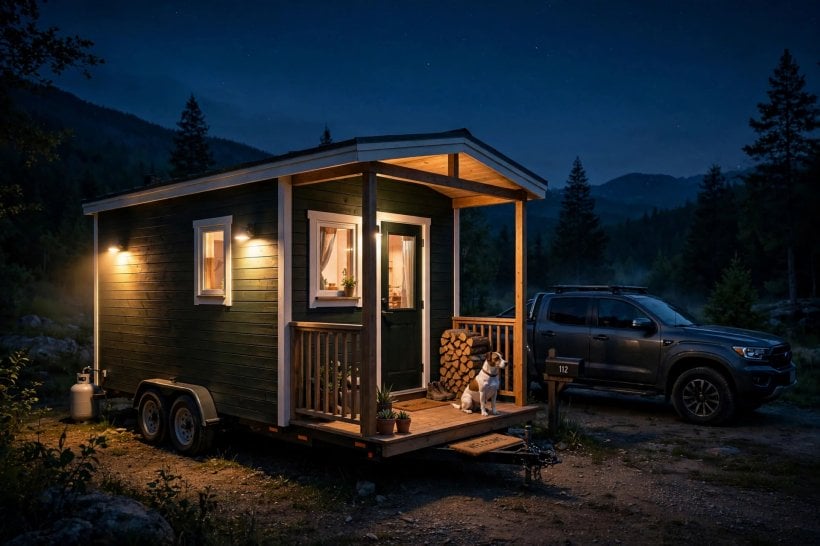 how to keep your tiny house safe: a tiny house watched over at night, floodlights on, dog on the porch and a vehicle parked alongside