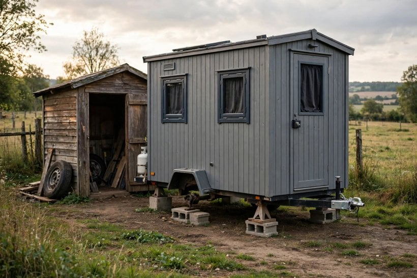 how to keep your tiny house safe: a tiny house resting on blocks with a wheel removed and stored in the shed for a long absence