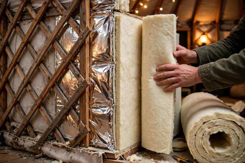 how to live in a yurt in winter: felt and radiant barrier insulation layers fitted inside the lattice wall