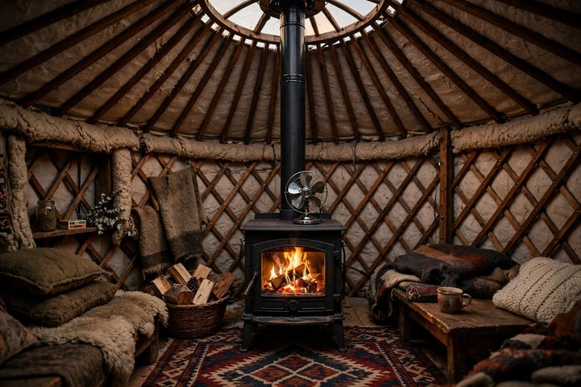 how to live in a yurt in winter: central wood stove with a stove fan under the roof ring