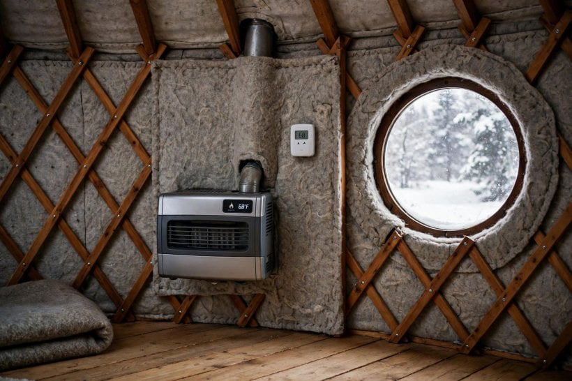 how to live in a yurt in winter: direct-vent propane wall heater as the backup heat source