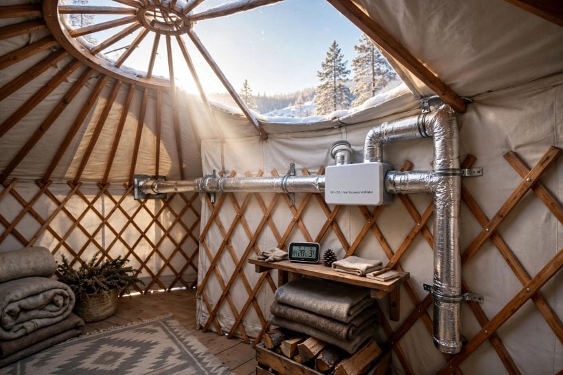 how to live in a yurt in winter: heat-recovery ventilator and hygrometer keeping the interior dry