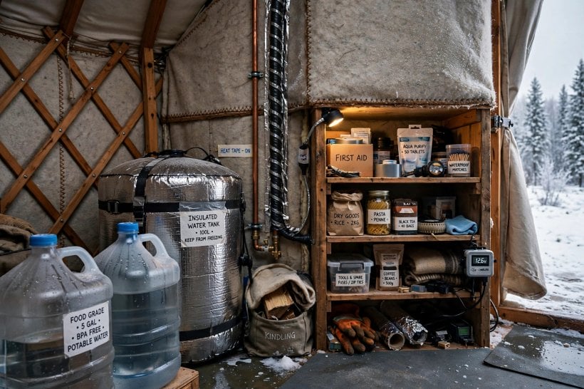 how to live in a yurt in winter: water jugs and an insulated tank stored inside the heated envelope