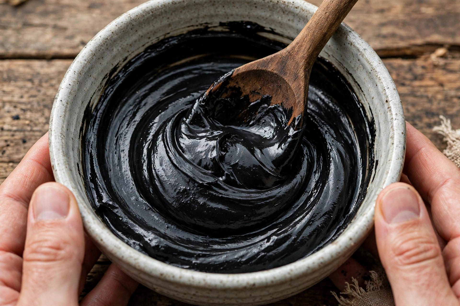 how to make a charcoal poultice: mixing the paste to a thick, glossy, spreadable consistency