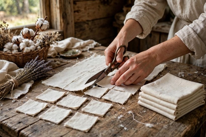 how to make a charcoal poultice: cutting clean cotton cloth squares for the carrier layer