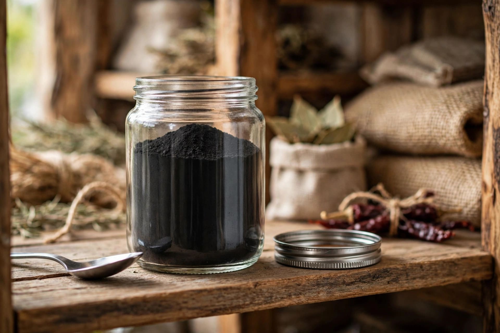 how to make a charcoal poultice: storing dry activated charcoal powder in a sealed glass jar