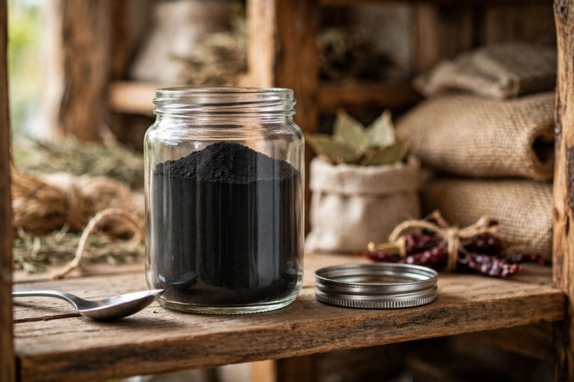 how to make a charcoal poultice: storing dry activated charcoal powder in a sealed glass jar