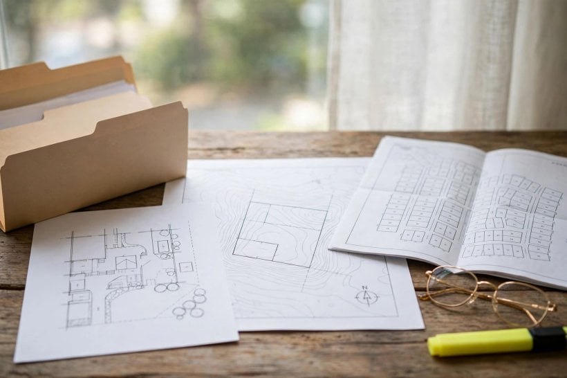 how to prepare land for a tiny house: site plan, survey map and permit paperwork spread on a desk