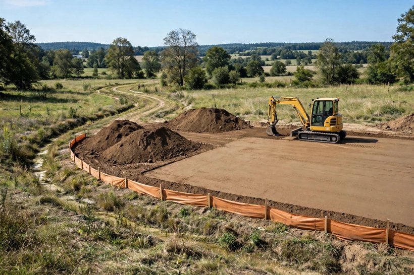 how to prepare land for a tiny house: excavator grading a level building pad with a drainage swale