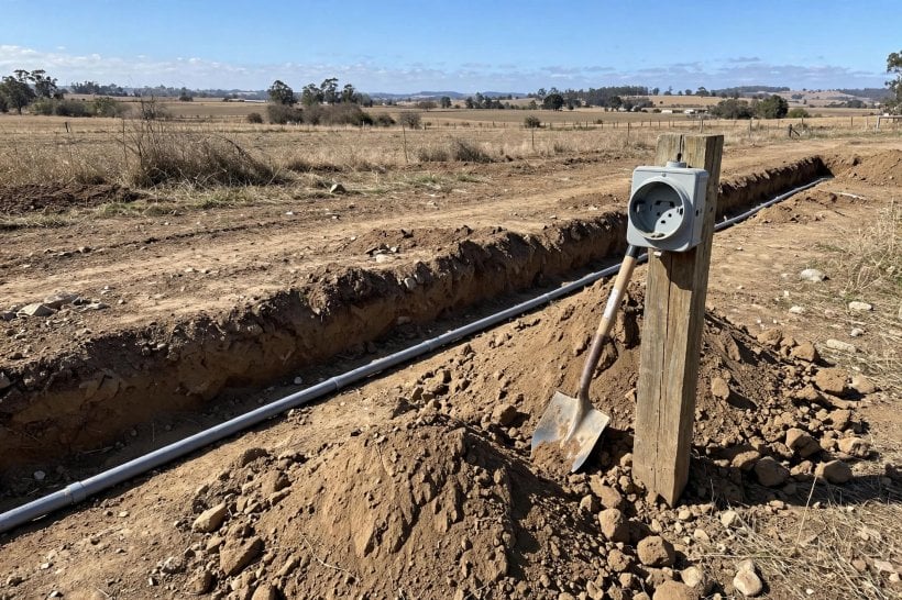 how to prepare land for a tiny house: open utility trench with electrical conduit and a meter base post