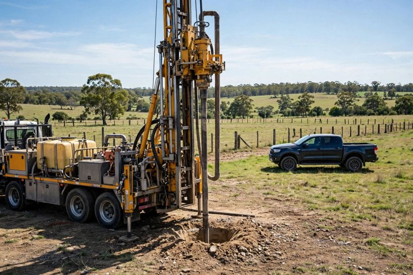 how to prepare land for a tiny house: well drilling rig working on a rural plot