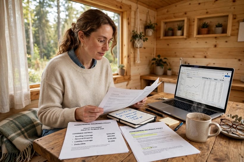 how to rent a tiny house on Airbnb: host reviewing the short-term rental insurance policy at the kitchen table