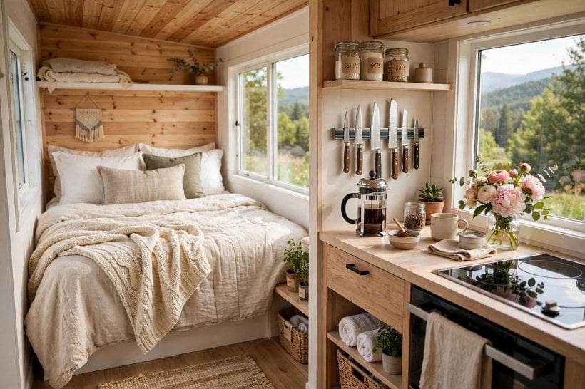 how to rent a tiny house on Airbnb: styled interior with a great bed, equipped kitchen and coffee station ready for guests