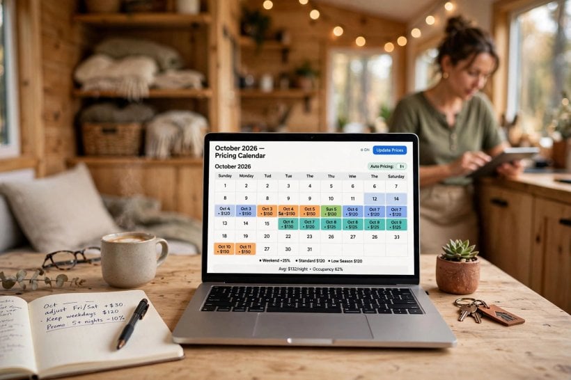 how to rent a tiny house on Airbnb: host setting nightly rates and minimum stays on a laptop pricing calendar