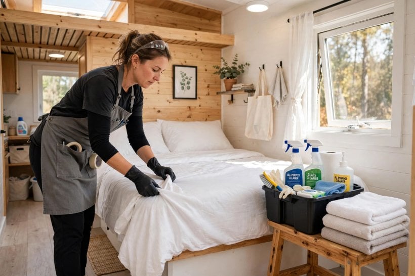how to rent a tiny house on Airbnb: professional cleaner turning the tiny house over between guests, fresh linens on the bed