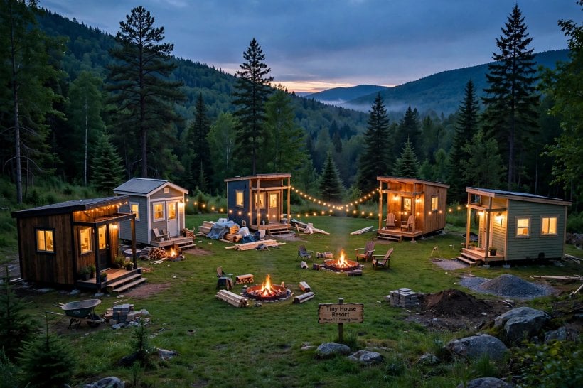 how to rent a tiny house on Airbnb: a cluster of tiny houses at dusk, one rental grown into a small resort