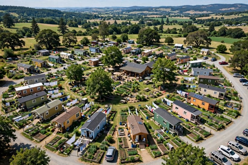 how to start a tiny house community: aerial view over a thriving, fully occupied tiny house village, the demand a new project serves