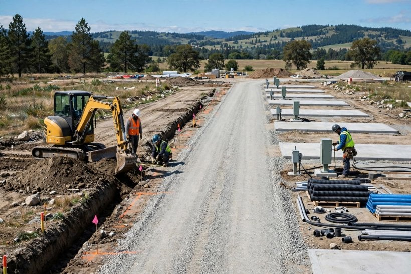 how to start a tiny house community: crews trenching utilities and setting electrical pedestals beside fresh concrete pads