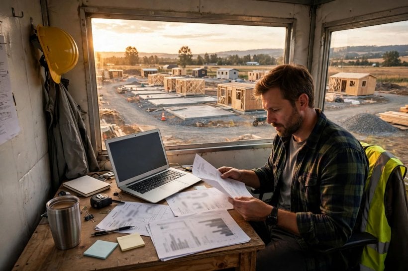 how to start a tiny house community: the developer reviewing the project budget in the site office as the first phase takes shape outside