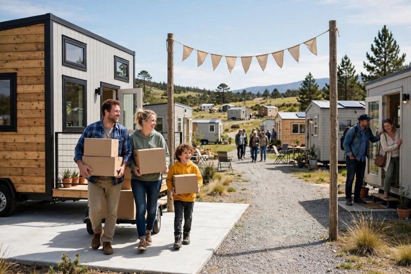 how to start a tiny house community: founding residents moving into their tiny house on open house day