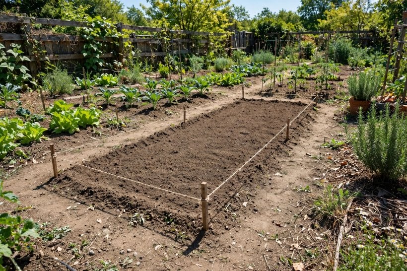 Hugelkultur Raised Bed: a bed site staked out with string lines in a sunny vegetable garden