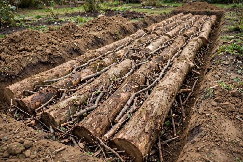 Hugelkultur Raised Bed: the log foundation packed tight in the trench with branches filling every gap